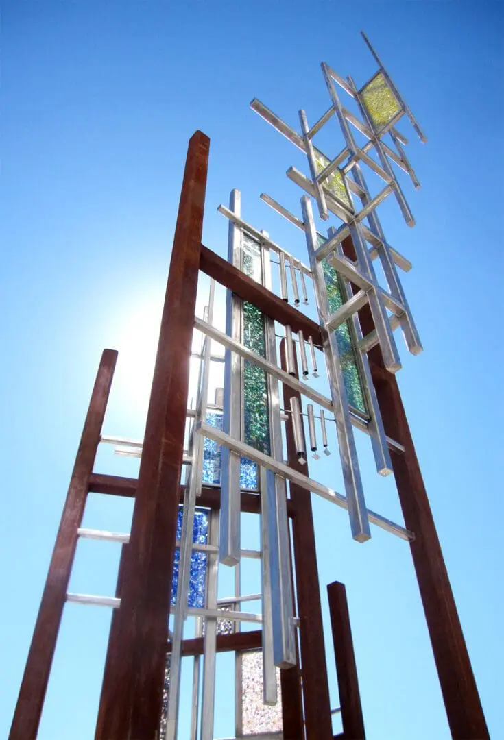 A tall wooden structure with many glass pieces on it.